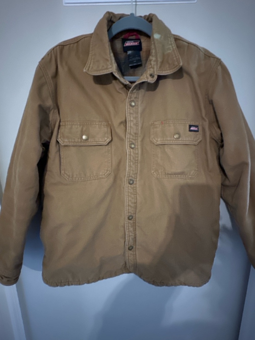 Dickies Work Jacket Tan Canvas Flannel Lined Distressed Men’s L/G Rugged